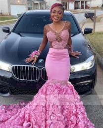 Sexy Aso Ebi Style Pink Mermaid Prom Dress 2022 For Black Girls V Neck Sweep Train Beaded With 3D Flowers Formal Evening Ocn Gowns Ruffles Robe De Bal 322