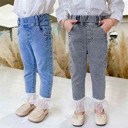 Kids Jeans Mesh Jeans Girl Pearls Kids Jeans Girls Patchwork Baby Girl Clothes Spring Autumn 210412