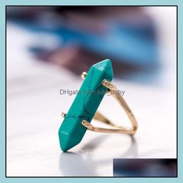 Solitaire Ring Rings Jewelry Hexagonal Prism Gemstone Imitation Natural Stone Crystal Quartz Healing Point Chakra Charm Gold Plated For Wome