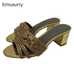 Sandal Crystal Diamond Square Heel Shoes Woman Sexy Stone Grain Real Leather Runway Mules Lady 210306