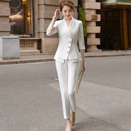 High Quality Casual Women's Suit Pants Two Piece Set new summer elegant ladies white blazer jacket business attire T200818