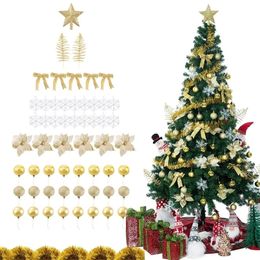christmas tree leaves UK - LBSISI Life 58pcs Christmas Tree Decoration Ornaments Set with Glitter Poinsettia Bows Ribbons Leaves Ball Snowflake 220316