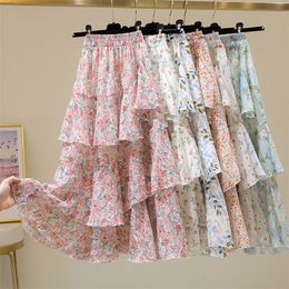 Floral Skirt Women Summer Sweet Ruffled Aline Chiffon Long Skirt Woman Korean Clothing 220521