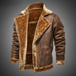 Men's Jackets Men's Suede Lapel Collar Leather Jacket Winter Vintage Style Zipper Up Warm Outwear Fleece Thick Fur Slim Fit CoatsMen's