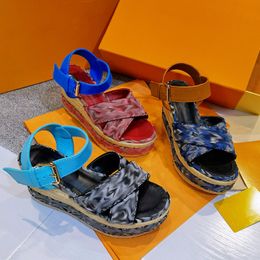 Designer Since Sandals Starboard Wedge Sandals Espadrilles Leather Printing High Heels With Adjustable Buckle Wedding Dress Lady Shoes With Box NO376