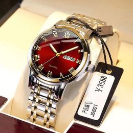 Authentic Red Mens Wrist Watch Super Fashion Full Stainless Steel Watches Business Man Waterproof Calendar Clock Hour A3487