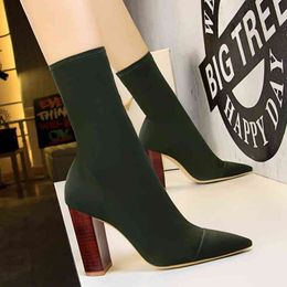 fashion simple wood grain thick heel pointed elastic Lycra sexy nightclub slim boots