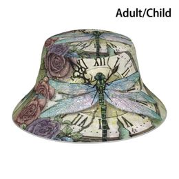 Berets Time Flies Bucket Hat Sun Cap Dragonfly Roses Foldable Outdoor Fisherman