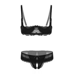 low shoulders Canada - One-Piece Suits Women Lace Lingerie Set Adjustable Spaghetti Shoulder Straps 1 4 Cup Unlined Shelf Bra With Low Rise Crotchless Briefs Under
