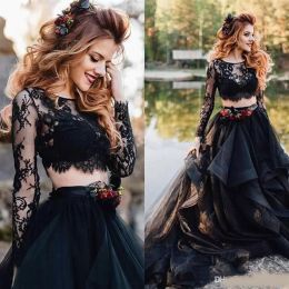 Black Dresses Two Piece Bridal Gown Long Sleeves Lace Applique Scoop Neck Ruffles Plus Size Custom Made Wedding Party Gowns Vestido De Novia