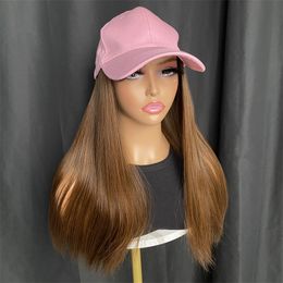 Pink Baseball Cap Long Straight Hair Wig Naturally Synthetic Adjustable With Brown Hair Wigs