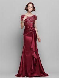 Burgundy Mermaid Mother Of The Bride Dresses Jewel Neck Lace Appliqued Wedding Guest Dress Plus Size Formal Evening Wear
