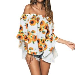 Women Blouse Summer Sunflower Print Off Shoulder Blouse Casual Floral Printsleeve Loose Tops Clothes Femme Flare Sleeve 2020 Y200623