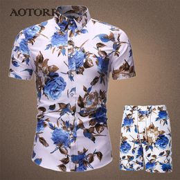 Tracksuit Men Summer Beachwear Floral Printing Men's Sets Hawaiian Style Short Sleeve Button Shirt Shorts Set Streetwear 220620