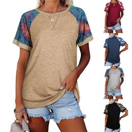Camouflage Splicing Short Sleeve T-shirt Summer Round Neck Solid Color Tops Retro Casual Loose Pullover Women Print Tee 220511