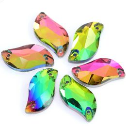 S Leaf shape Rainbow Sew On Rhinestones Flat Back Rhinestone Buttons Glass Crystal Beads Sew-On Stone