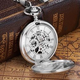 Pocket Watches Brand Stainless Steel Men Fashion Casual Watch Skeleton Dial Silver Hand Wind Mechanical Male Fob Chain WatchesPocket