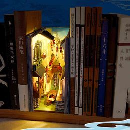 New DIY Book Nook Jiangnan Water Alley Bookend Book Shelf Insert Bookcase Assembled Wooden Building Kit Toy for Children Gift