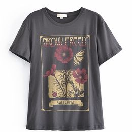 Tangada Women Flowers Print Grey T Shirt Short Sleeve O Neck Tees Ladies Casual Tee Shirt Street Wear Top 4D34 220511