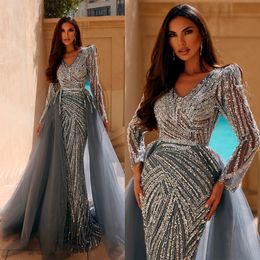 Elegant Grey V Neck Evening Dresses Long Sleeves Sequined Party Gowns With Overskrits Women Formal Floor Length Robe De Soriee