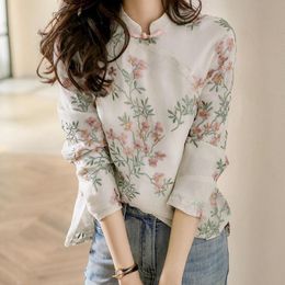 Ethnic Clothing Women Long Sleeve Casual Shirts Blouse 2022 Vintage Style Mandarin Collar Floral Print Loose Female Cotton Linen Tops ShirtE