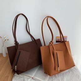 Evening Bags Vintage Felt Cloth Shoulder Bag Pouch 2pcs Composite Women Large Capacity Shopping Casual Solid Color Tote HandbagsEvening