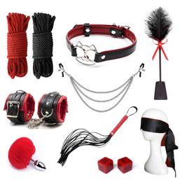 Nxy Sm Bondage Bdsm Kits Adult Toys Pu Leather Erotic Bundle Female Slave Handcuffs Nipple Clamps Anal Plug Molesting Dice Sex Supplies 220423