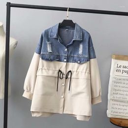 Women's Jackets Harajuku Waist Stitching Jean Jacket 2022 Spring Mid-length Hole Ropa De Mujer Denim Plus Size 4XL Oversized Coat