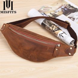 MISFITS men waist bag genuine cow leather vintage small fanny pack male waist pack travel chest bag for cell phone belt bag man 201118