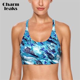 Charmleaks Women Sports Bra Light Impact Floral Print Backcross Yoga Bra Push Up Running Workout Bra Underwear Fitness Sport Top T200601