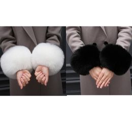 Women's Real Fox Fur Cuffs Sleeves Gloves A Pair For Coat Jacket Party Black White