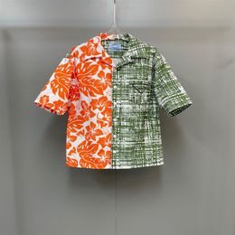 mens button up shirts UK - FALECTION MENS 22SS P MILANO shirt orange flower and squares PRINTED NYLON BUTTONS UP SHIRT double match heavy cotton tshirt301S