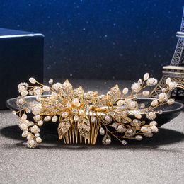 Hair Clips & Barrettes Exquisite Gold Flower Combs For Bride Rhinestones Pearl Wedding Headdress Jewelry Crystal Accessories TromboneHair