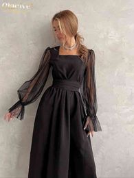 Clacive Sexy Black Square Collar Bodycon Dress Fashion Long Sleeve Office Midi Dress Elegant Mesh Patchwork Dresses For Women T220804