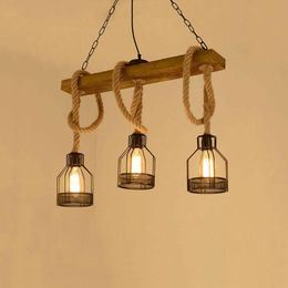 Pendant Lamps Nordic Wood Light 3 Heads E27 Hanging Lamp Loft Iron Rope Restaurant Dining Room Kitchen Ceiling ChandeliertPendant LampsPenda