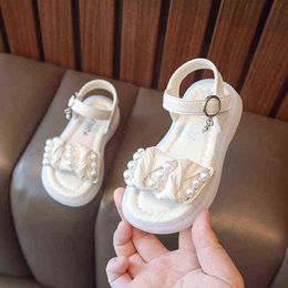 Baby Girl Pearl Open Toes Sandals Little Kid Summer Beach Shoes 2022 Baby Child Flat Hook & Loop Soft Bottom Non-slip Shoe 23-36 G220523