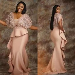 Aso Ebi Pink Mermaid Evening Dresses Plus Size Long Formal Party Gowns Deep V-neck Short Sleeve Prom Dress For Women 2022 Elegant Satin Lace Special Occasion Wear