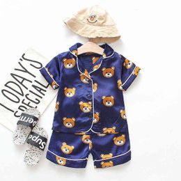 Summer kids boys and girls pajamas satin cartoon bear home service short-sleeved baby boy clothes set two-piece suit 1-4 years