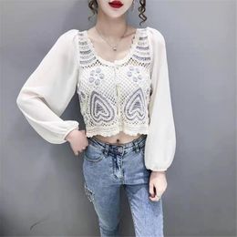 Women's Blouses & Shirts Women's Chiffon Blouse Tops Long Sleeves Shirt Chic Hollow Crochet Loose Patchwork Button Down Cardigans GiftWo