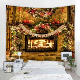 Christmas Fireplace Decoration Tapestry Party Background Carpet Family Living Room Bedroo J220804