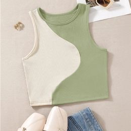 Womens Cute Preppy Style Patchwork Tank Top Summer Crewneck Sleeveless Bodycon Crop Tops Y2K Clothes Streetwear Baby Tee Vest 220526