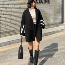 Women's Wool & Blends 2022 Women Woolen Cocoon Coats Arrival Long Loose Oversize Knitted Patchwork Jacket