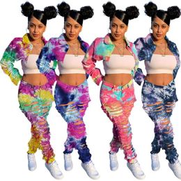 Women's Tracksuits Colorful Tie-Dye Printed Denim Two Piece Sets Women Turn-Down Collar Full Sleeve Crop Tops High Waist Ripped Stacked Jean