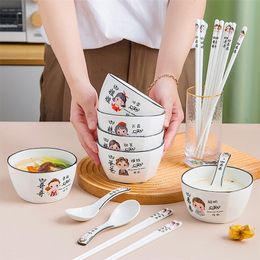 8Pcs 6Inch Cute Chinese Creative Family Ceramic Rice Bowl Spoons Chopsticks Sets Household Utensils Tableware Dinner Sets Bowls 220408