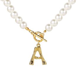 Simulated Pearl Necklace For Women Statement Jewellery Name Gold Bamboo English Alphabet Initial Letter Pendants Toggle Chian