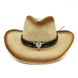 Berets Brown Spray Paint Bull Head Decor Women Panama Style Hat Ribbon Bows Wide Brim Visor Caps Unisex Cowboy Straw Fedora HatBerets Davi22