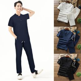 Men's Tracksuits Summer Fashion Men's Cotton And Linen Short Sleeve Shorts Set Suit Tracksuit Blue Buttons For Men Mens Vest Jacket SetM