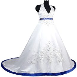 Vestido de noiva azul royal gótico 2022 Vestidos de noiva de cetim sexy V de pescoço bordado bordado boho uma linha vestidos de festa na noiva vestidos de novia saia