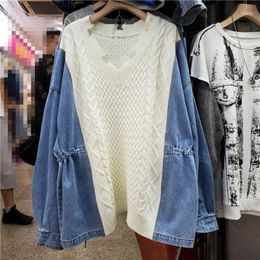 Women's Sweaters Chic Denim Pacthwork Sweater Women Korean 2022 Winter Knitwear Jumper Loose Oversize V Neck Long Sleeve Female Casual