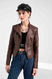 Autumn Winter Pu Faux Leather Jackets Women Long Sleeve Zipper Slim Motor Biker Leather Coat Female Outwear Tops L220728